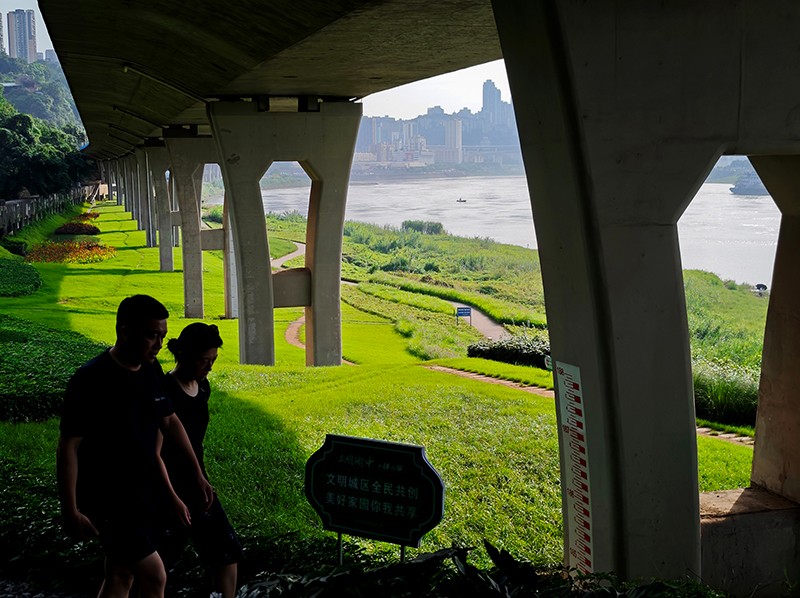小《桥下风景》重庆市渝中区黄沙溪高架桥下，一片绿色海洋，有沿江步道，是市民休闲健身的好去处。李文勇摄.jpg